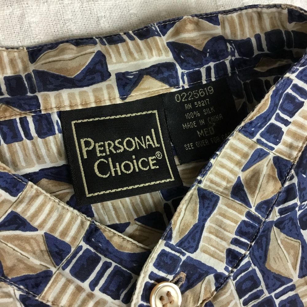 Personal‎ Choice Mens Vintage 90s 100% Silk Geometric Band Collar Shirt Blue Med